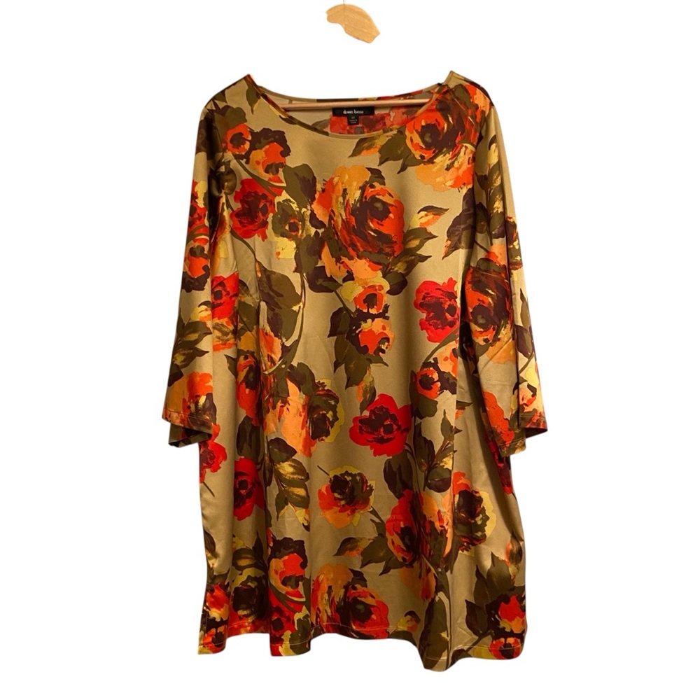 Dennis Basso Floral Long Sleeve belted Dress in Red and Orange